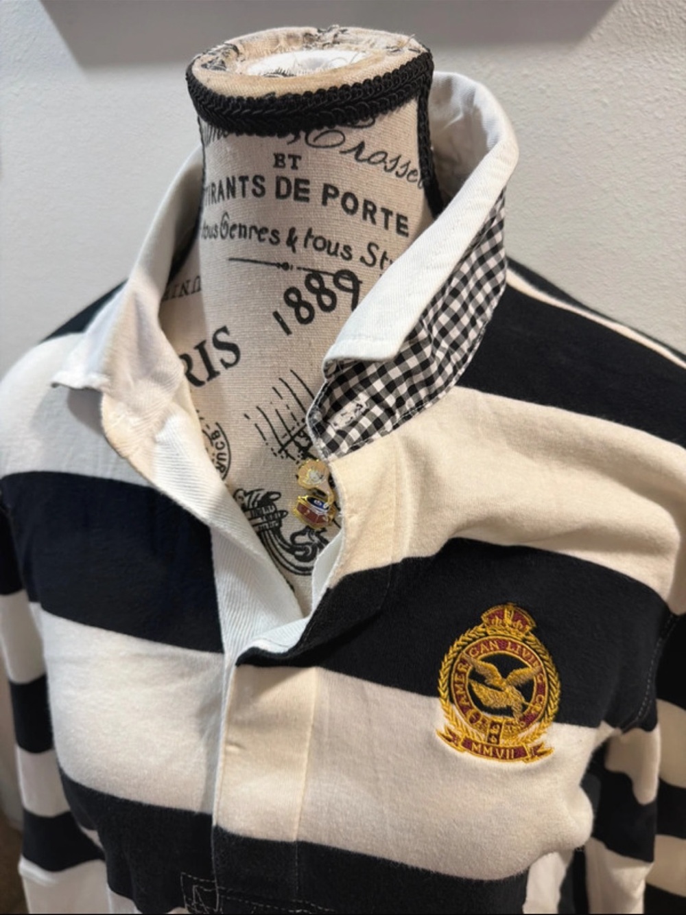 American Living Striped Rugby Shirt Black/Cream Embroidered